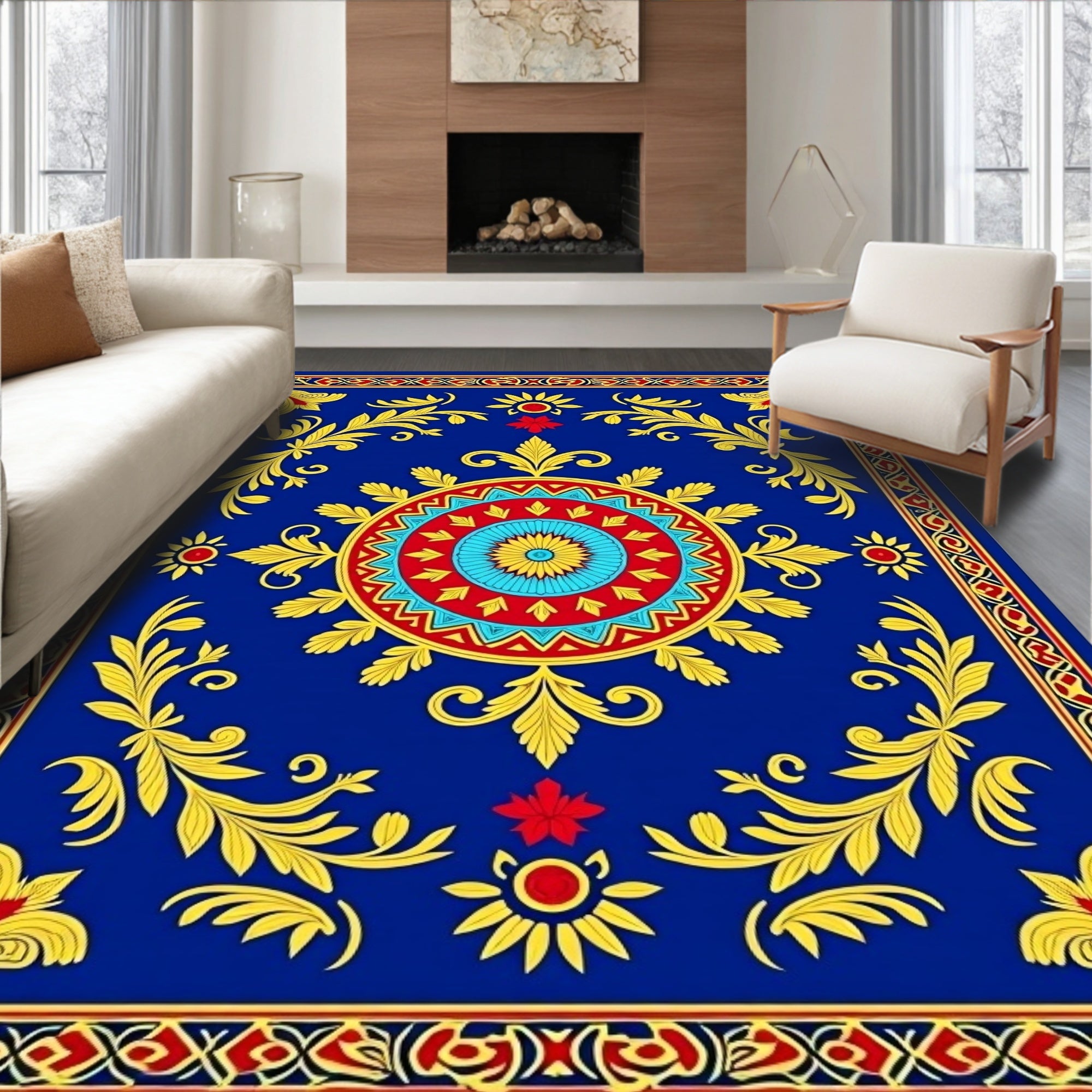 Royal Blue Sunburst Floral Medallion Rug