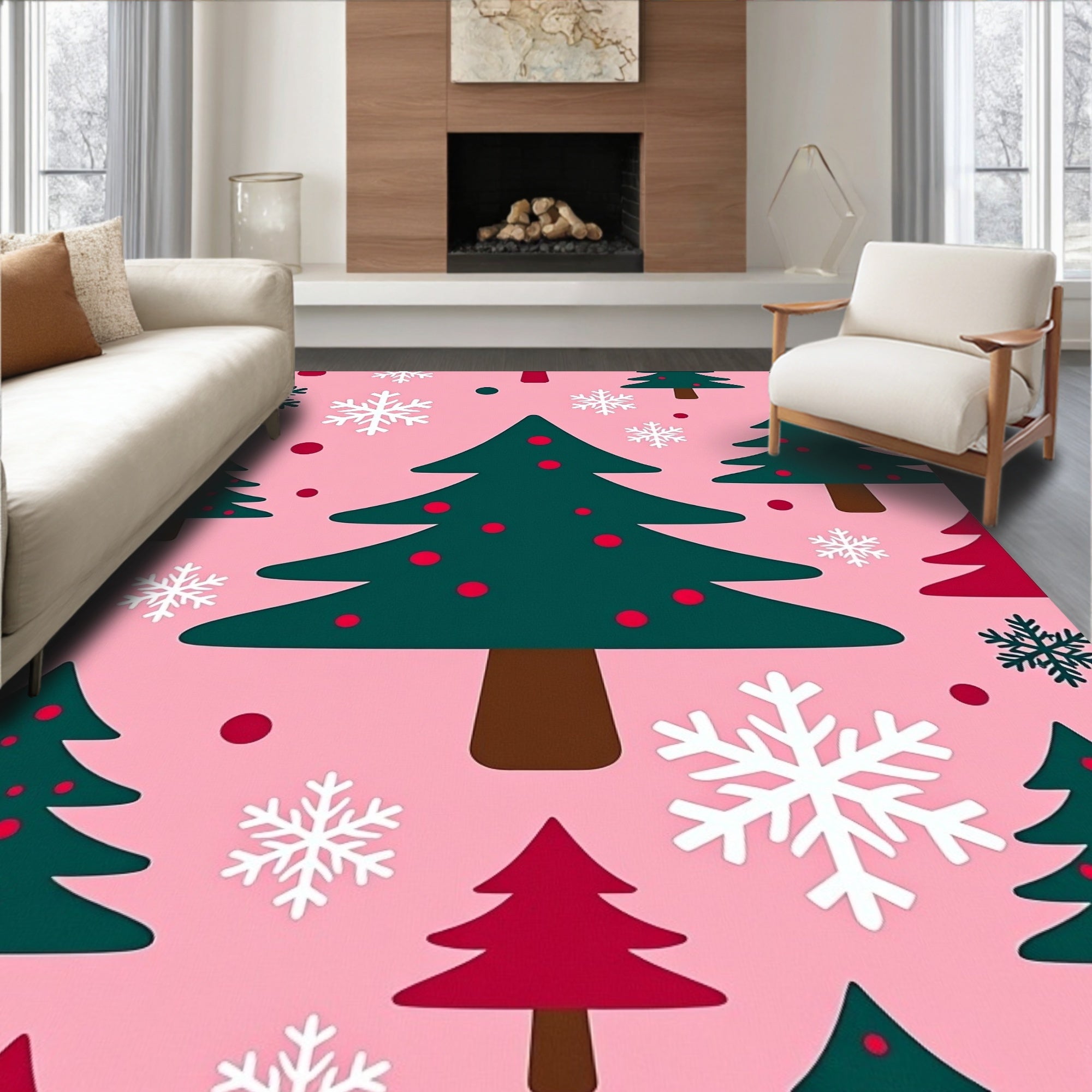 Pink Forest Snowflake Christmas Trees Rug