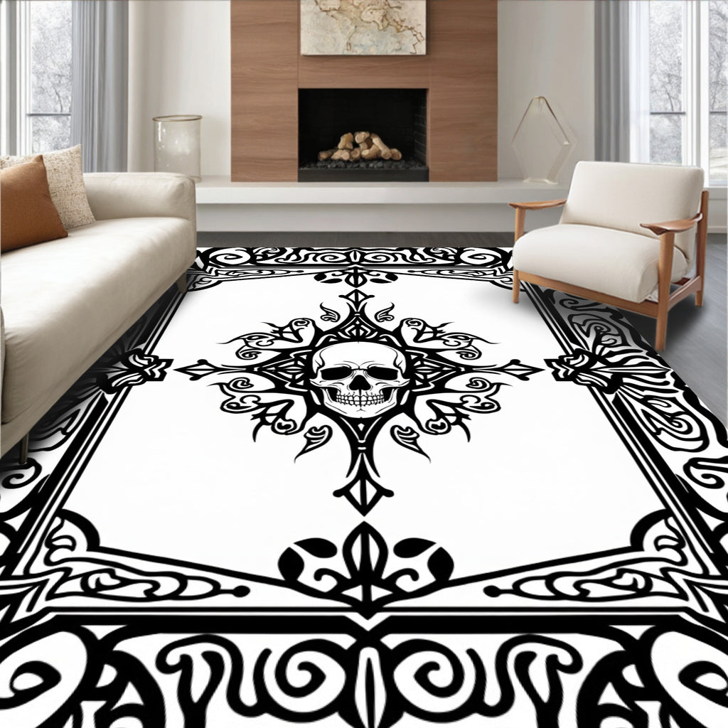 Gothic Black Skull Scrollwork Mandala Rug