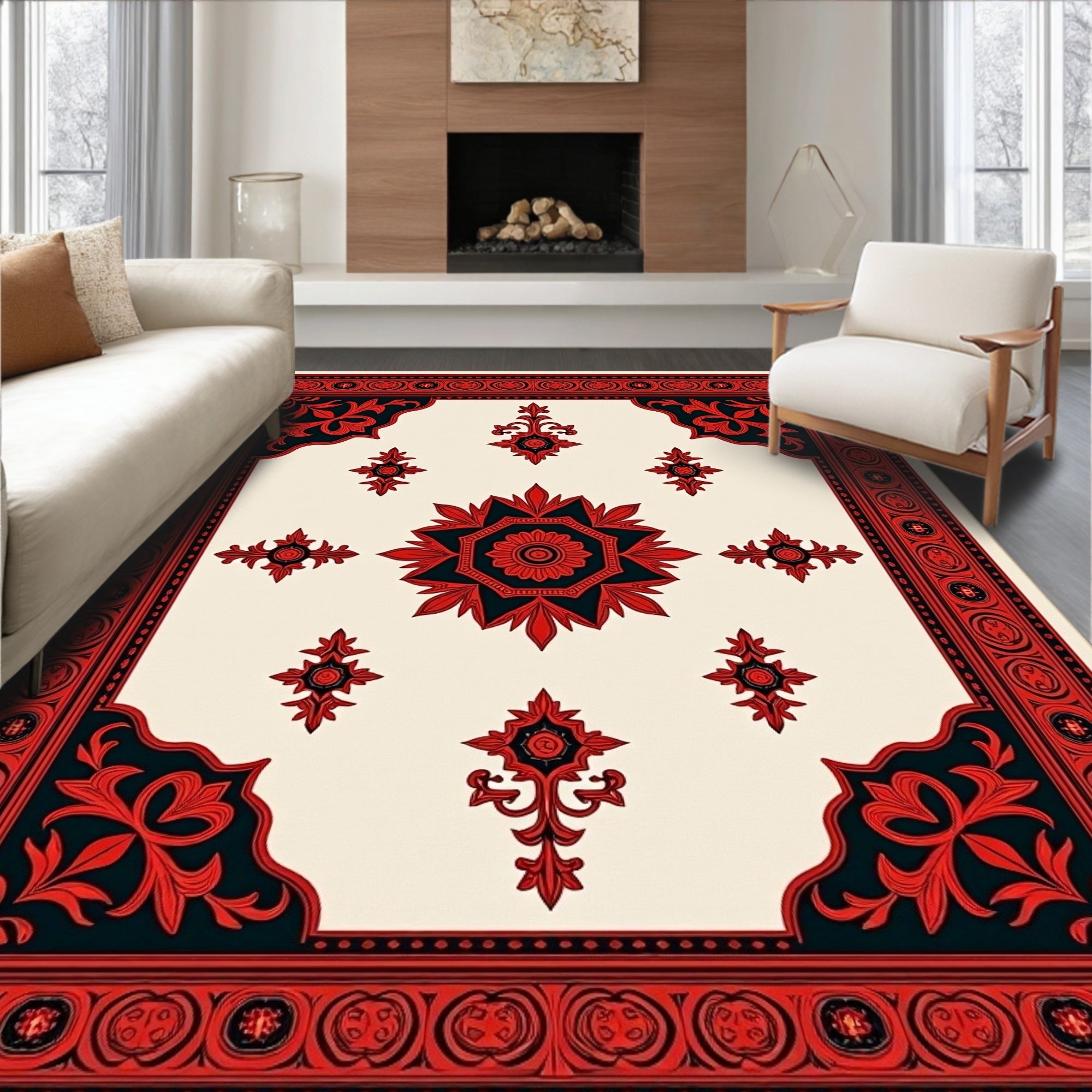 Ornate Crimson Blossom Central Field Rug