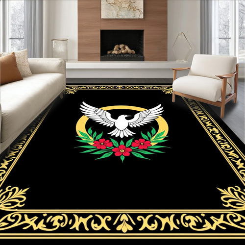 Black Gold Dove Floral Emblem Rug