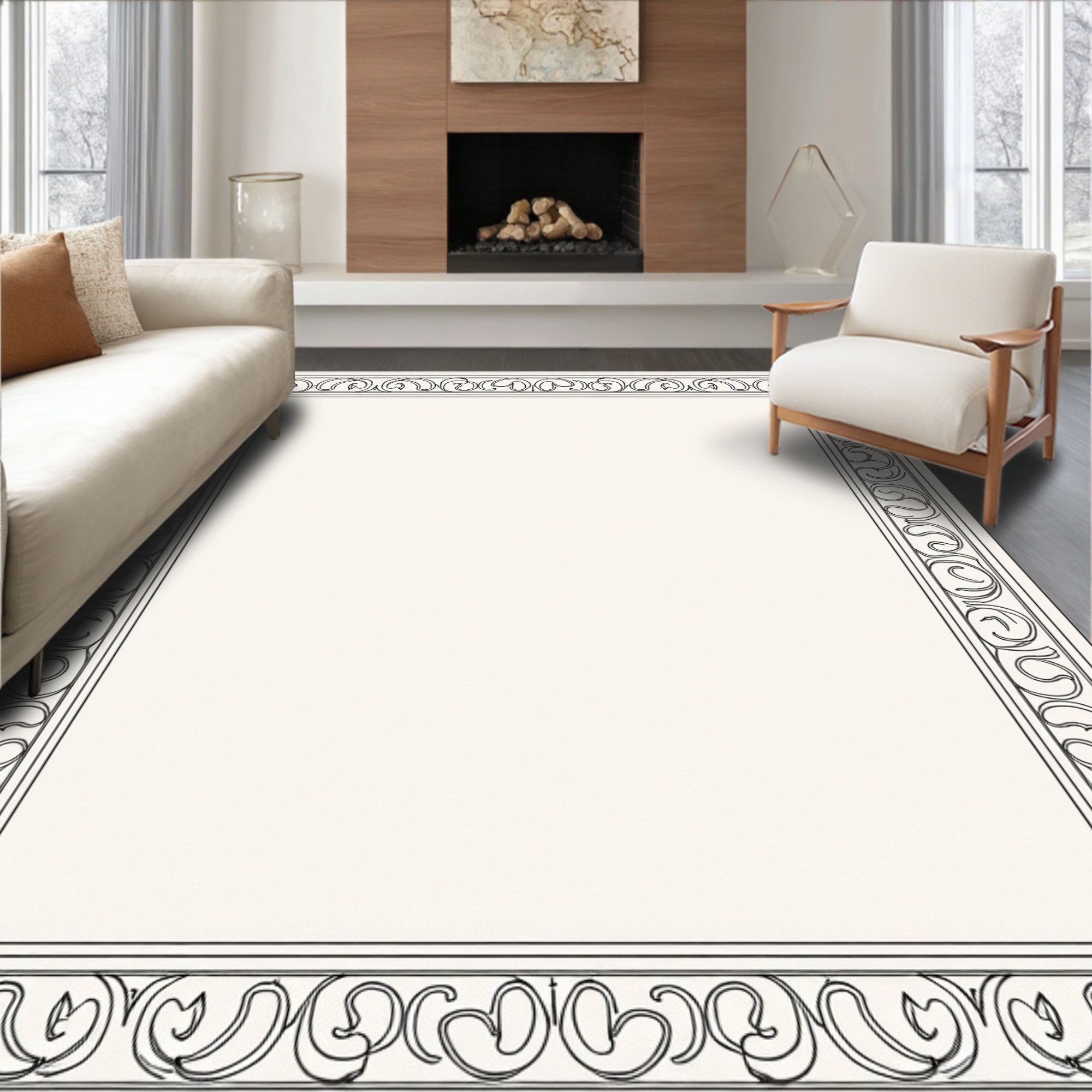 Classic Black Ivory Scroll Border Rug