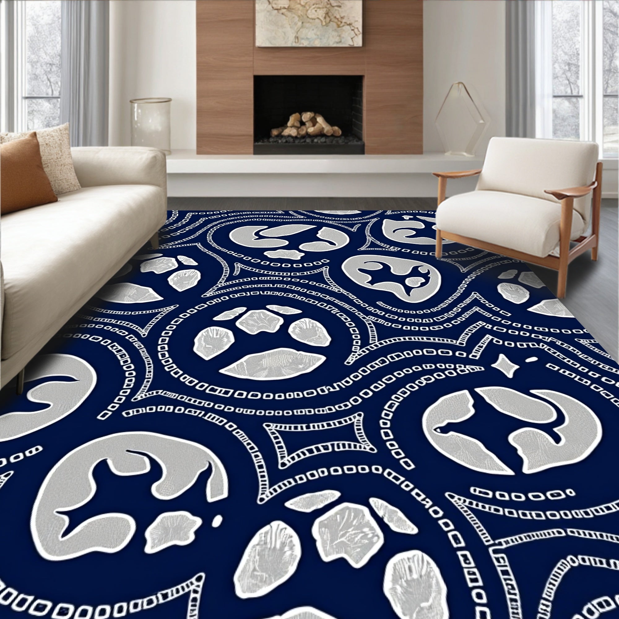 Indigo White Graphic Abstract Forms Rug