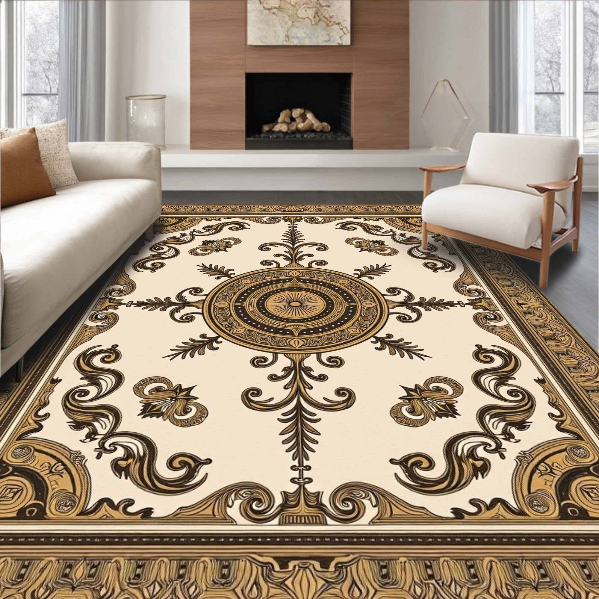 Antique Gold Scroll Medallion Frame Rug