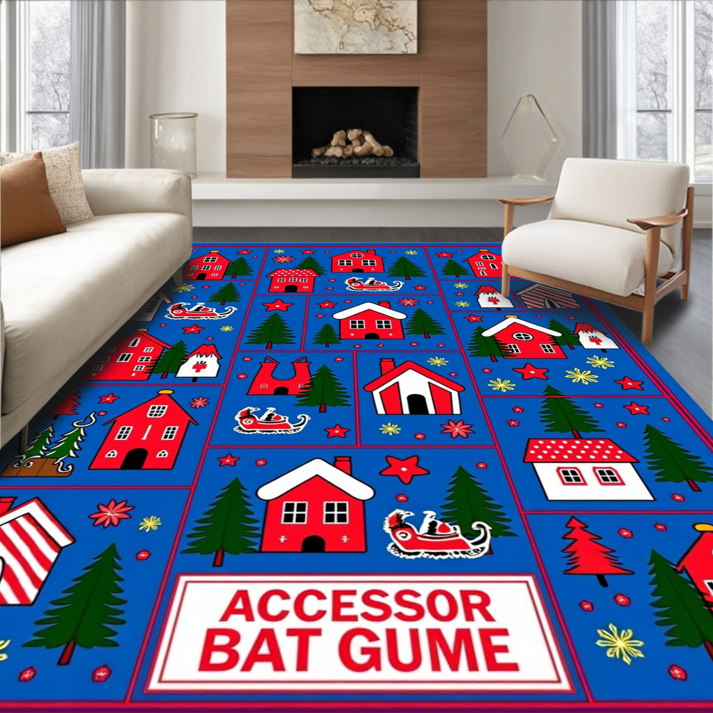 Whimsical Red Houses Snowy Landscape Rug