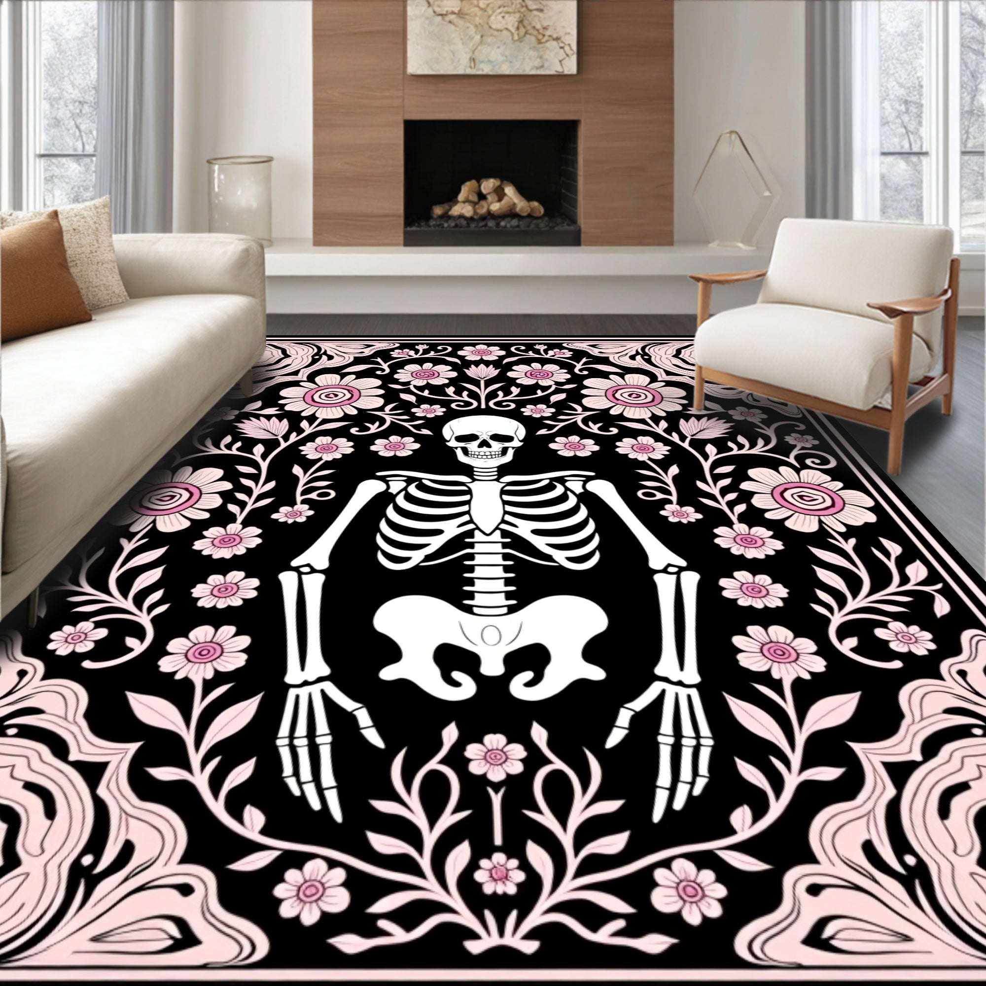 Whimsical Pink Floral Skeleton Garden Rug
