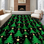 Green Christmas Trees Golden Stars Rug