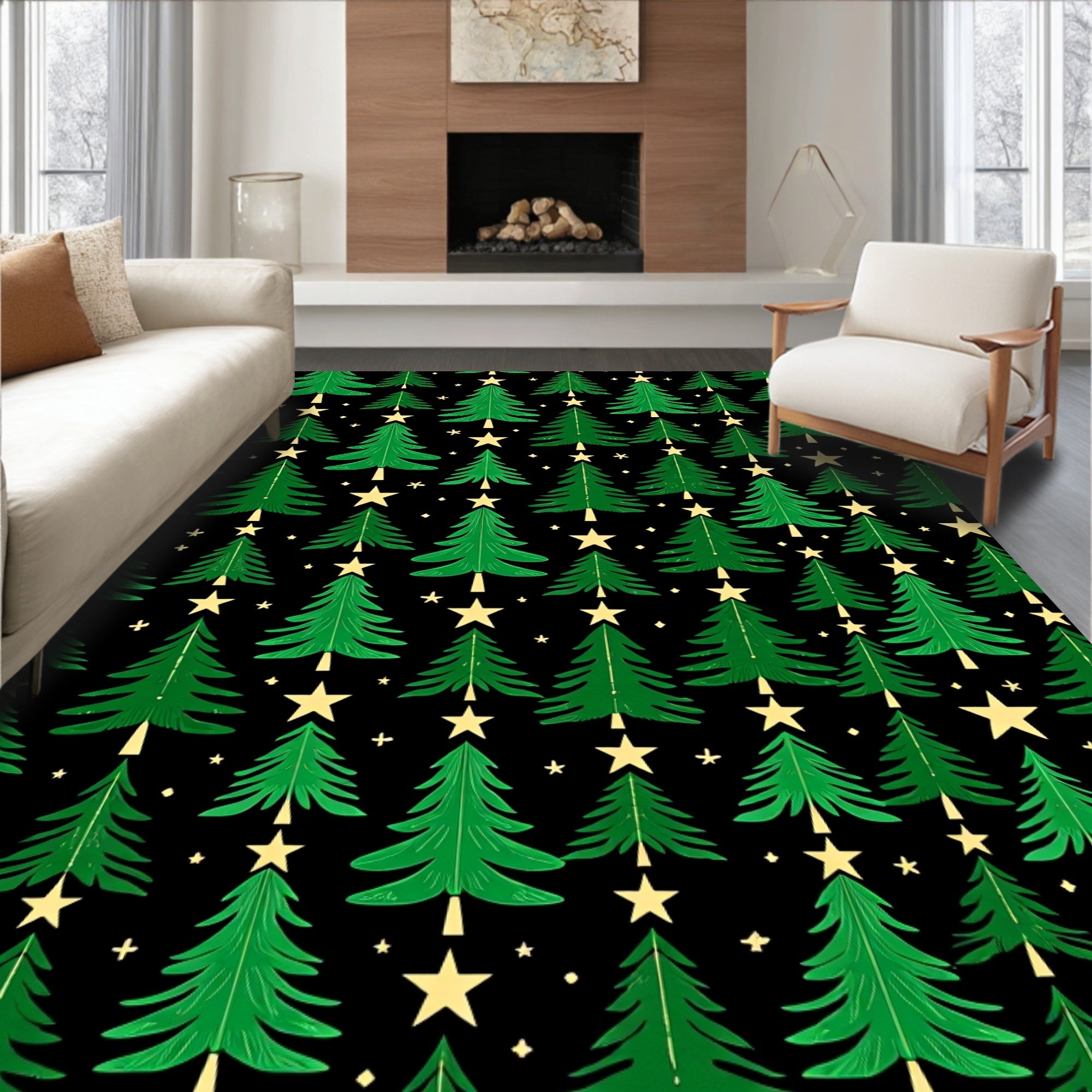 Green Christmas Trees Golden Stars Rug