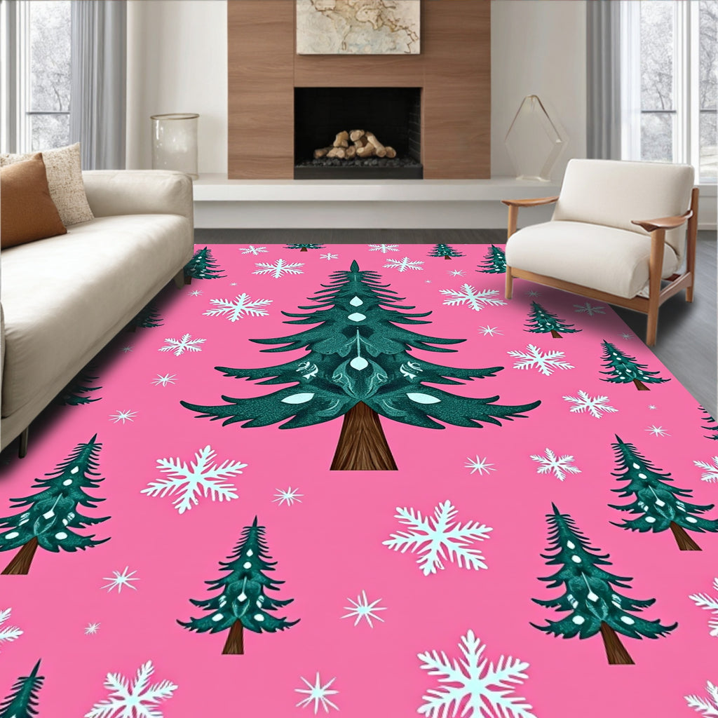 Teal Christmas Trees Snowflakes Pink Background Rug
