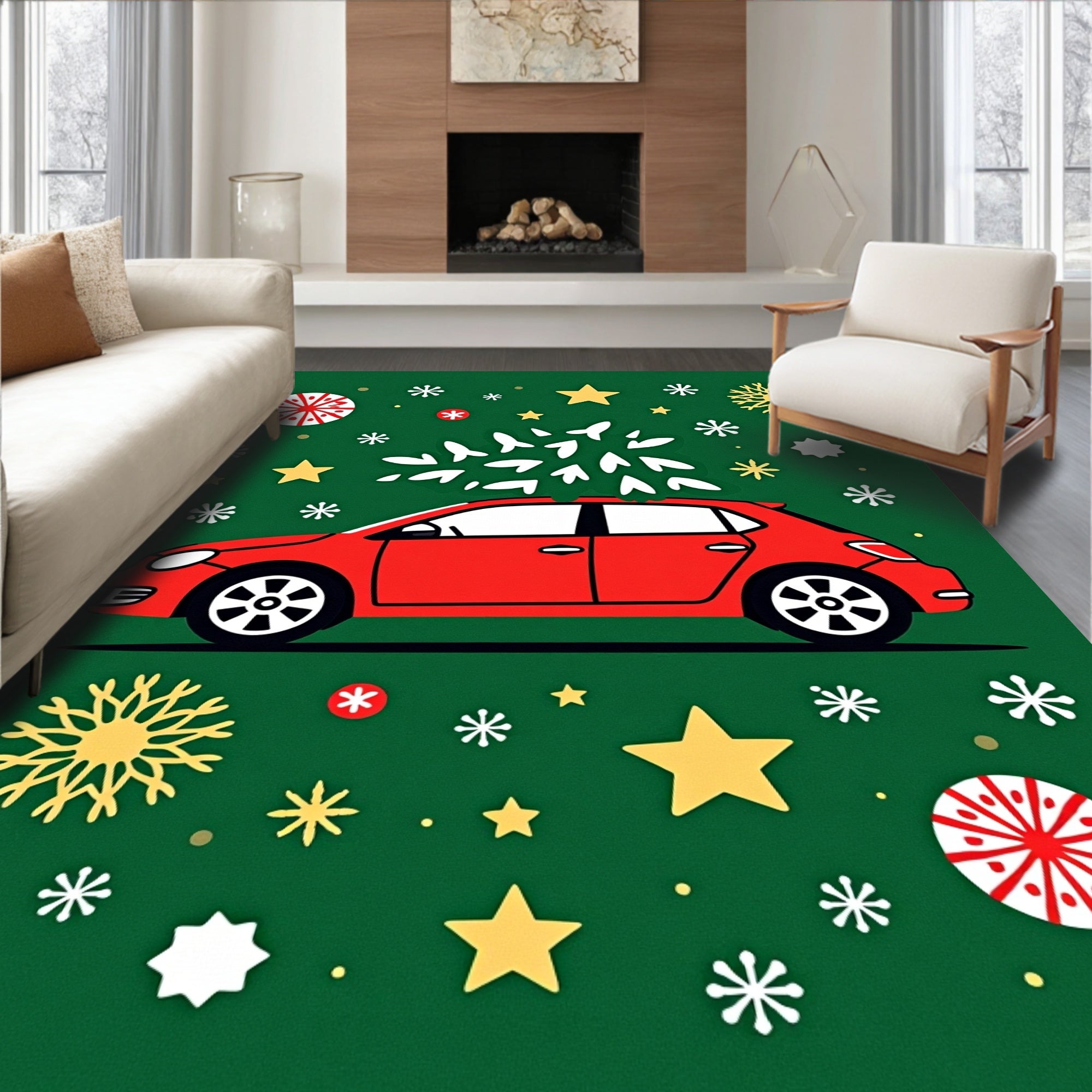 Red Car with Tree Stars Snowflakes Rug
