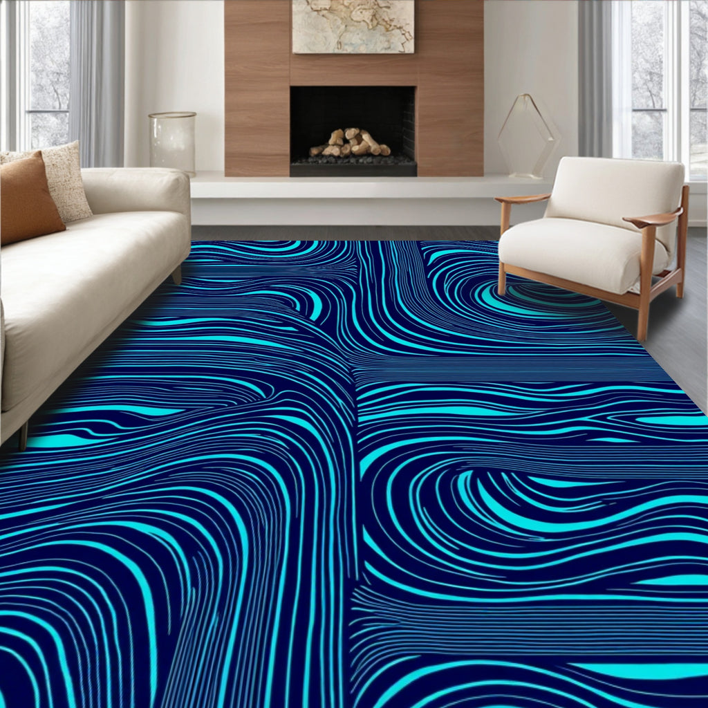 Deep Blue Swirling Aqua Lines Rug