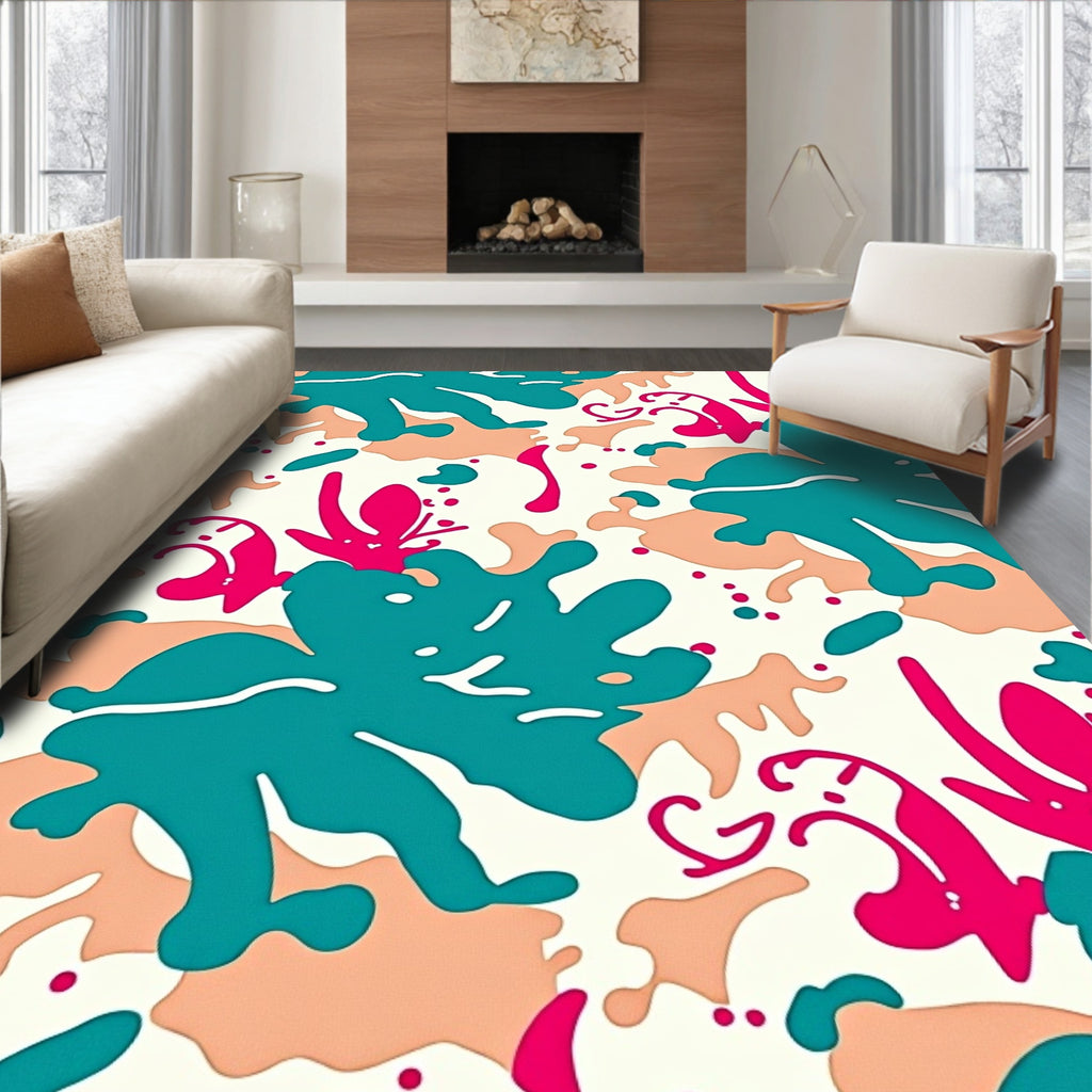 Teal Coral Pink Abstract Splatter Rug