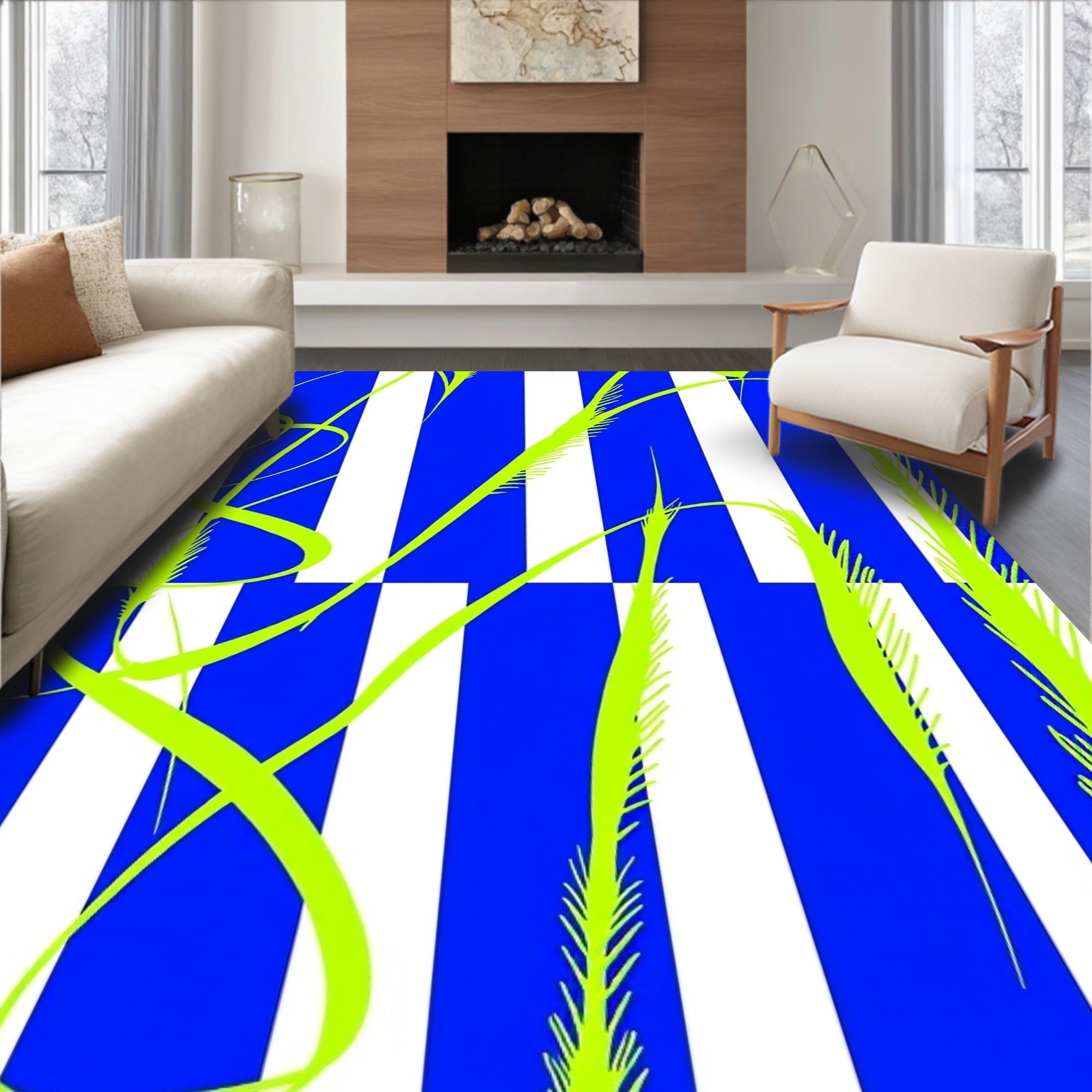 Electric Blue White Stripe Grass Swirls Rug