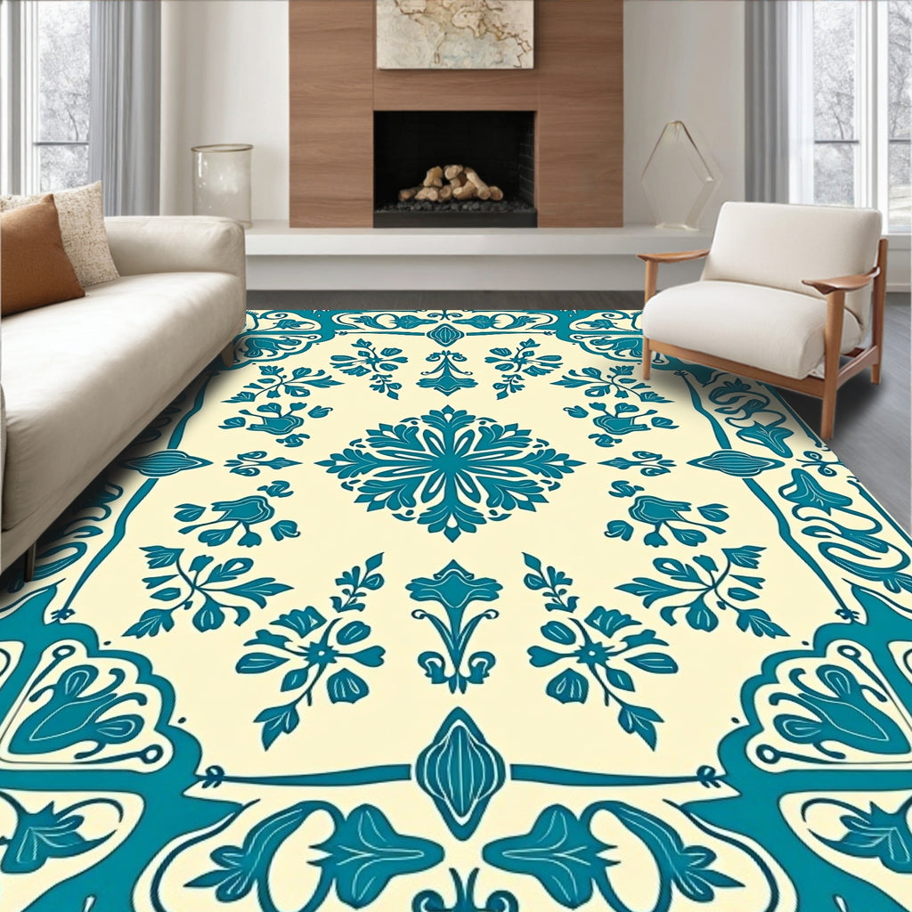 Teal Cream Scrollwork Floral Medallion Rug