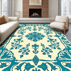 Teal Cream Scrollwork Floral Medallion Rug