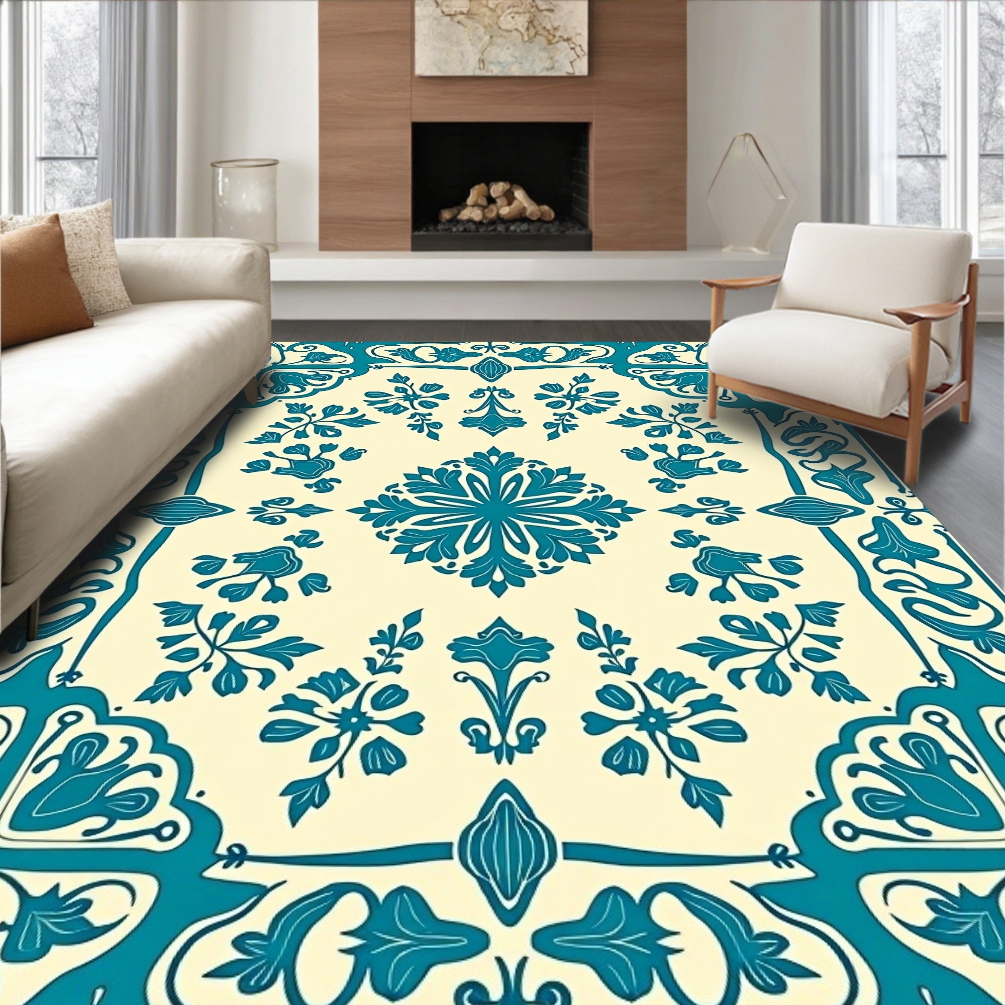 Teal Cream Scrollwork Floral Medallion Rug