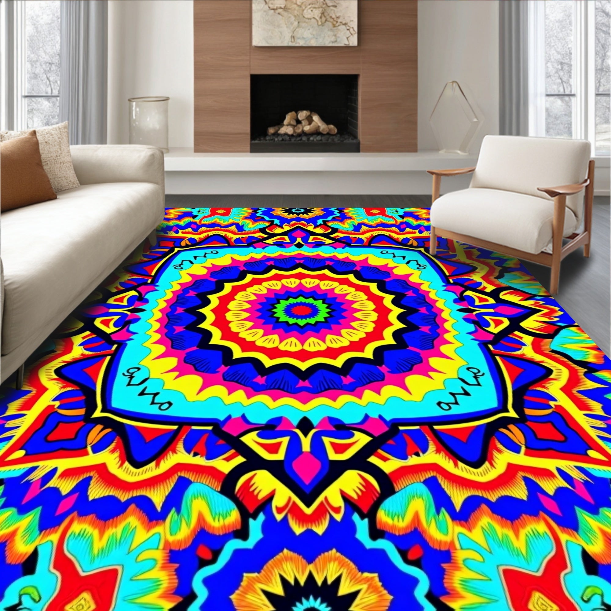 Vibrant Rainbow Psychedelic Mandala Rug