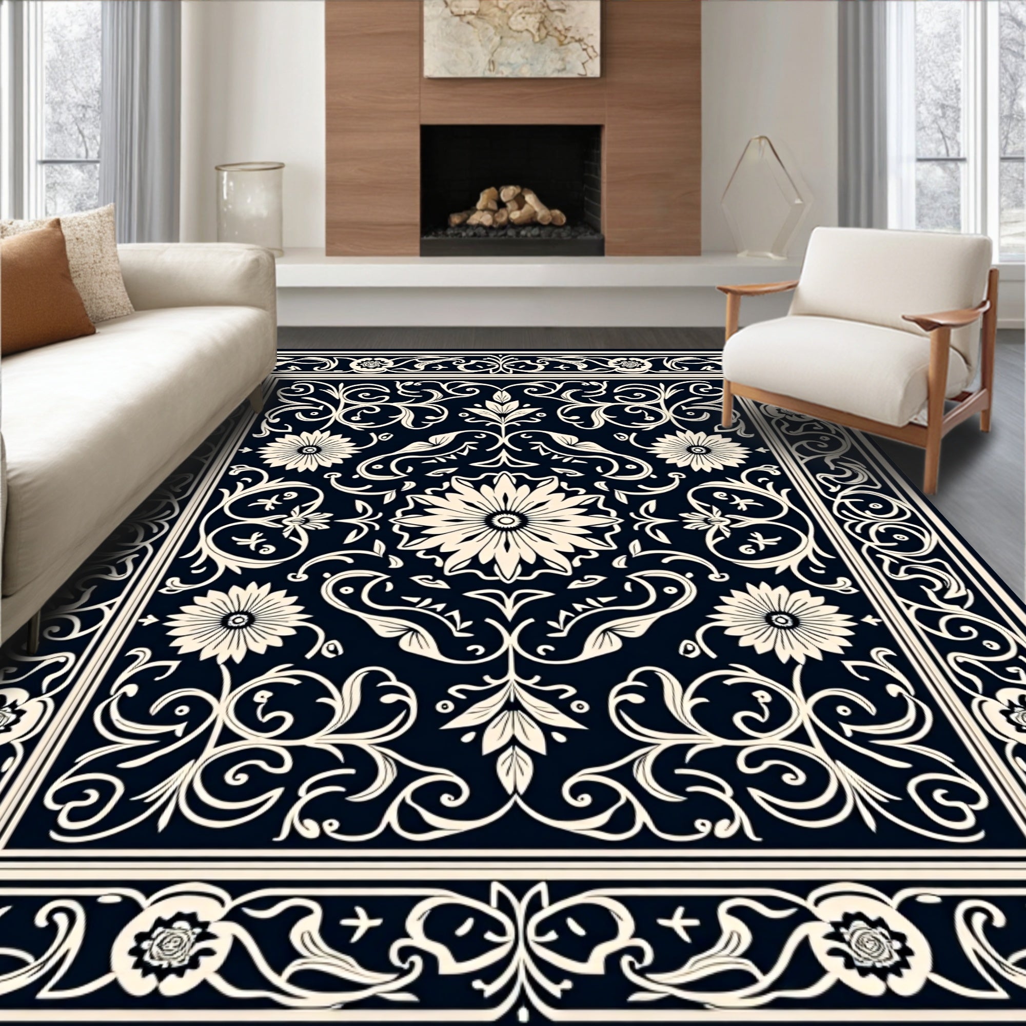 Cream Floral Medallion Navy Rug
