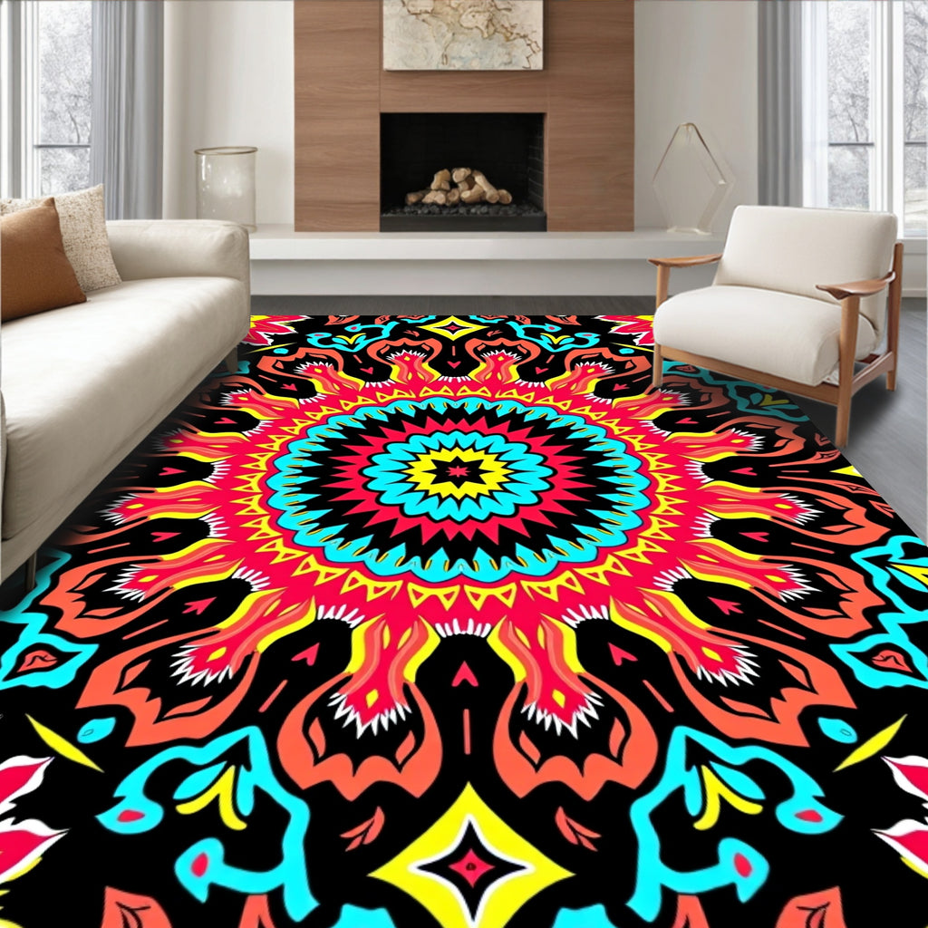 Vibrant Crimson Teal Sunburst Mandala Rug