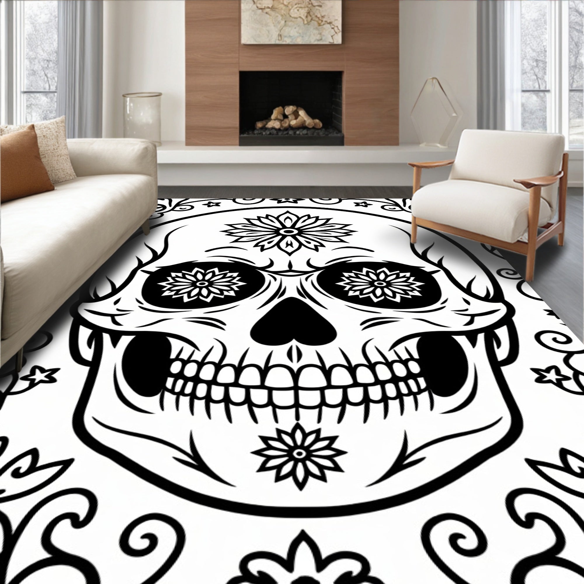 Black And White Floral Skull Day Of The Dead Rug