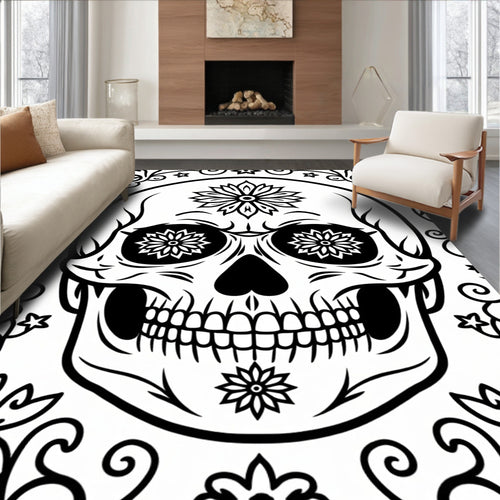 Black And White Floral Skull Day Of The Dead Rug