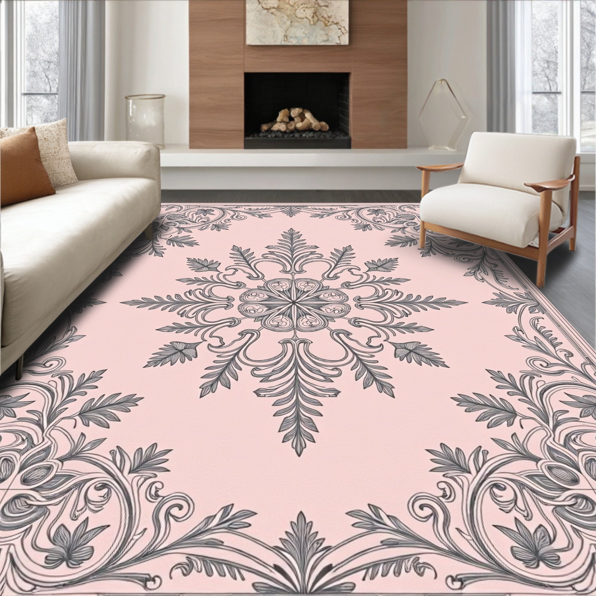 Vintage Rose Floral Scroll Center Rug