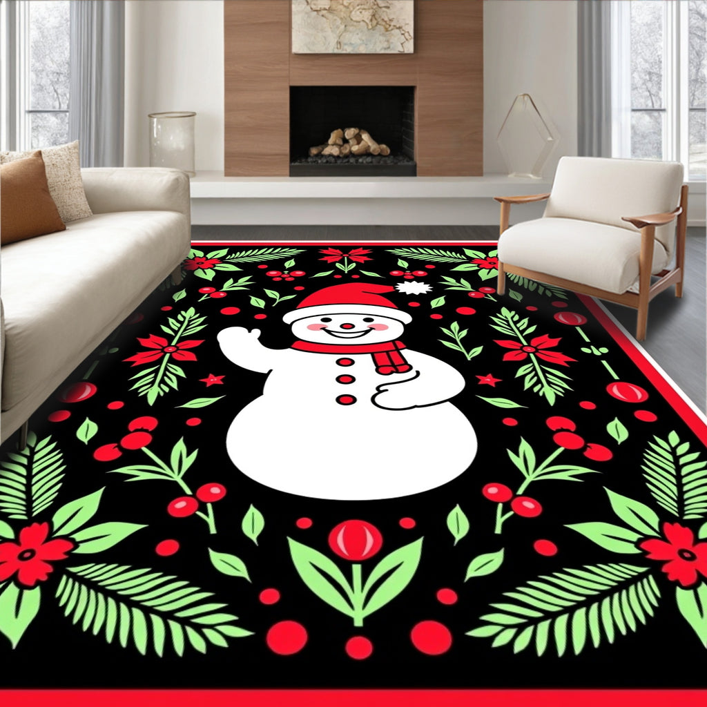 Whimsical Snowman Black Festive Floral Rug