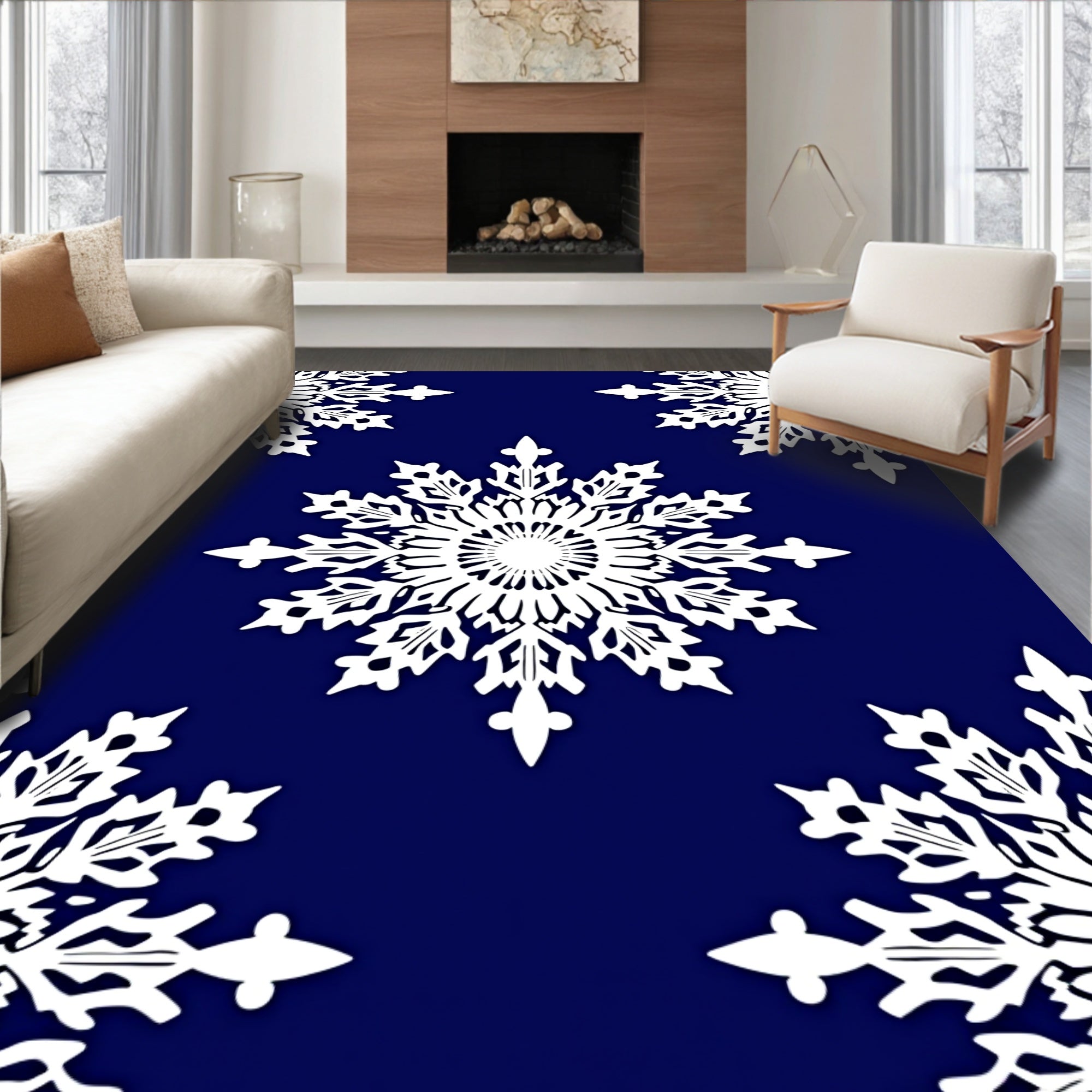 White Snowflake Winter Night Rug