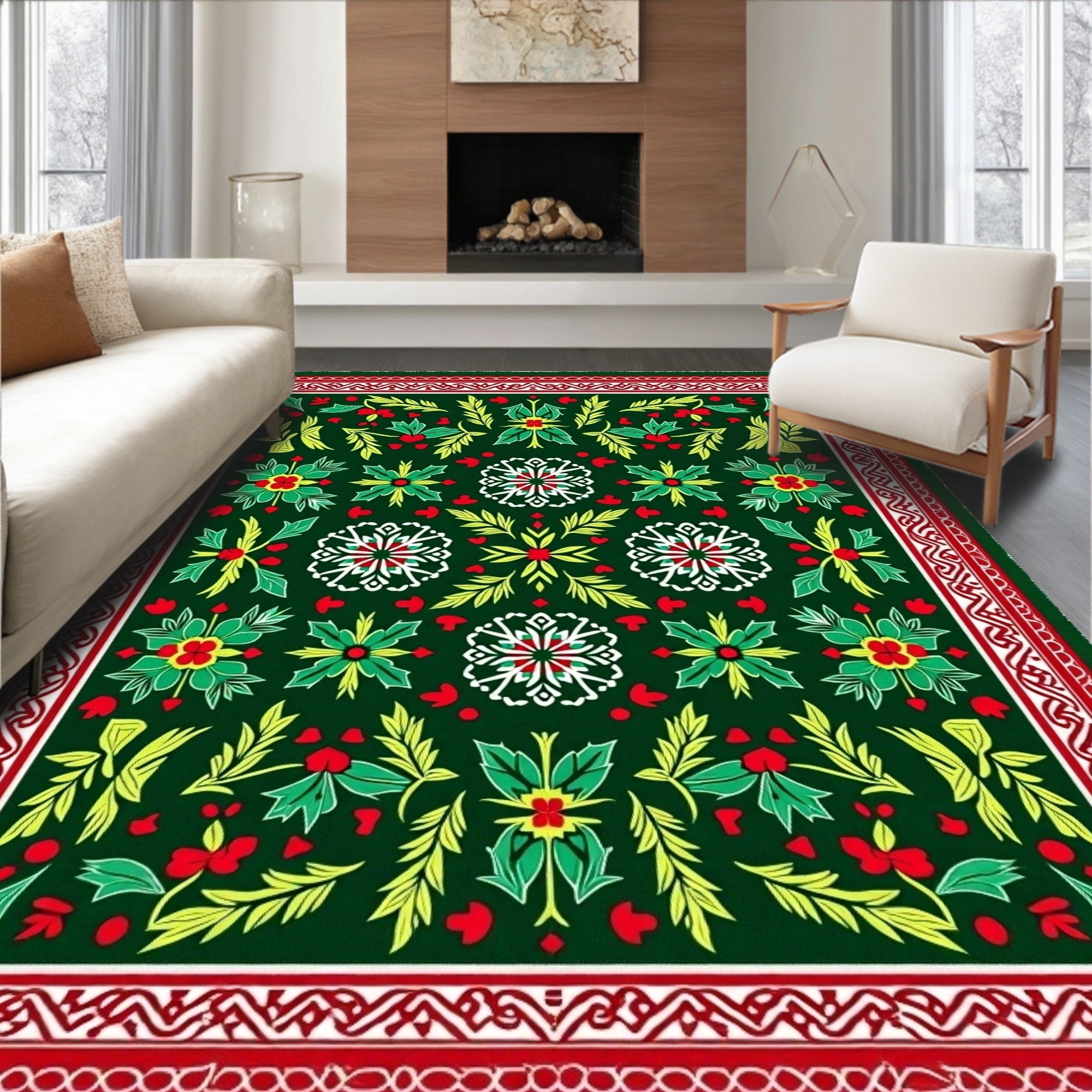 Emerald Green Red Floral Medallion Border Rug