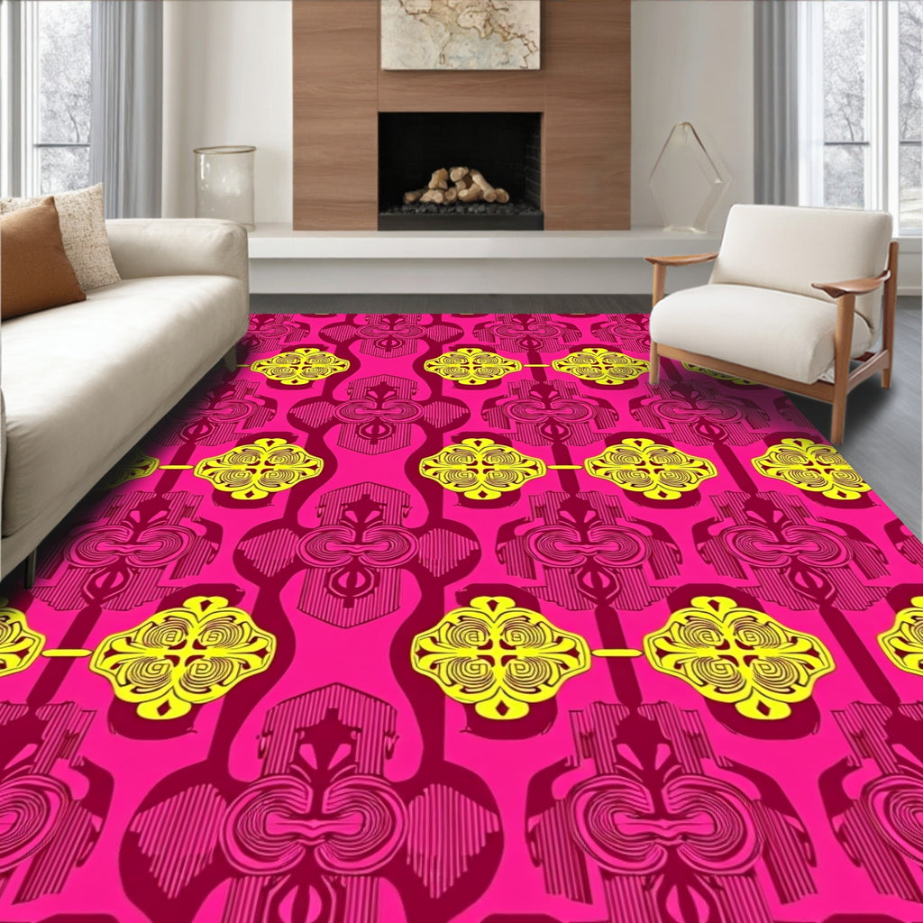 Vibrant Pink Yellow Abstract Medallion Rug