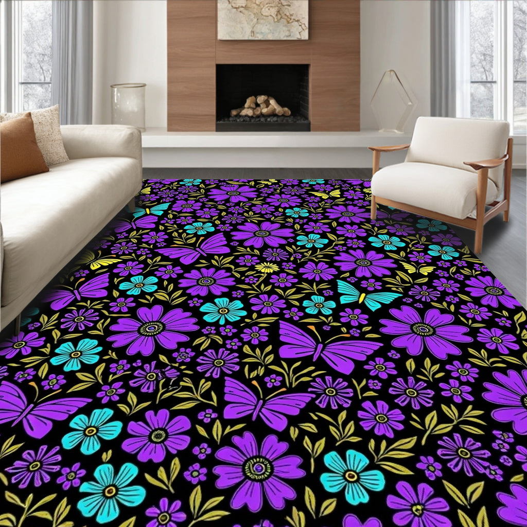 Vibrant Purple Butterfly Floral Burst Rug