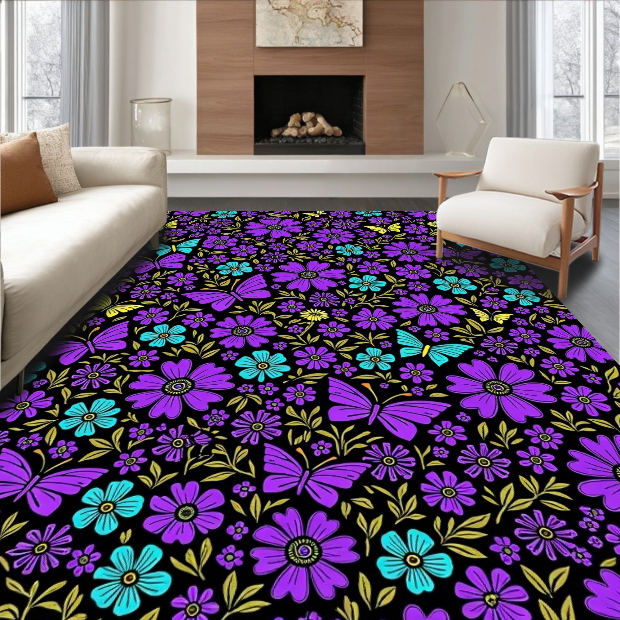 Vibrant Purple Butterfly Floral Burst Rug