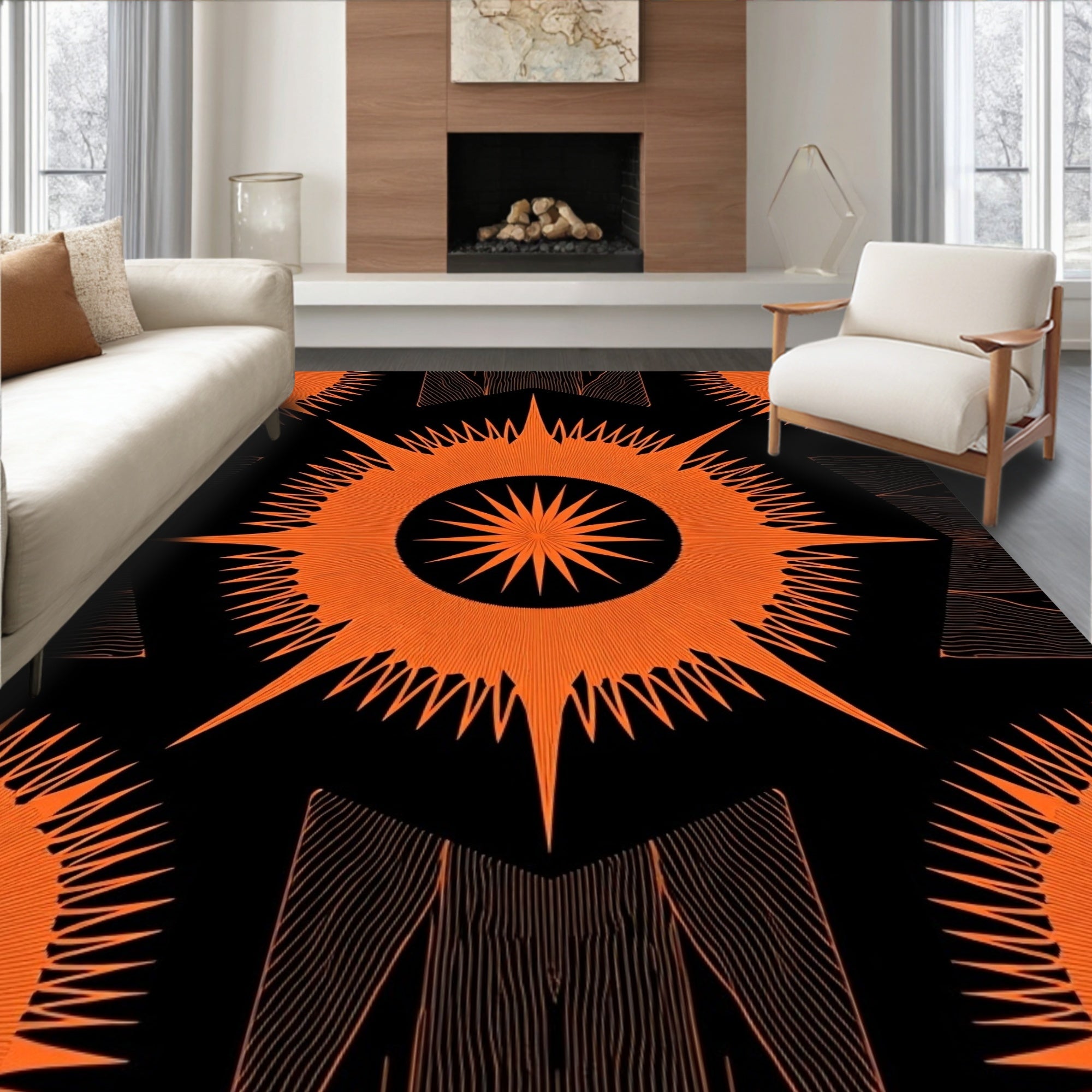Bright Orange Sunburst Hexagonal Rug