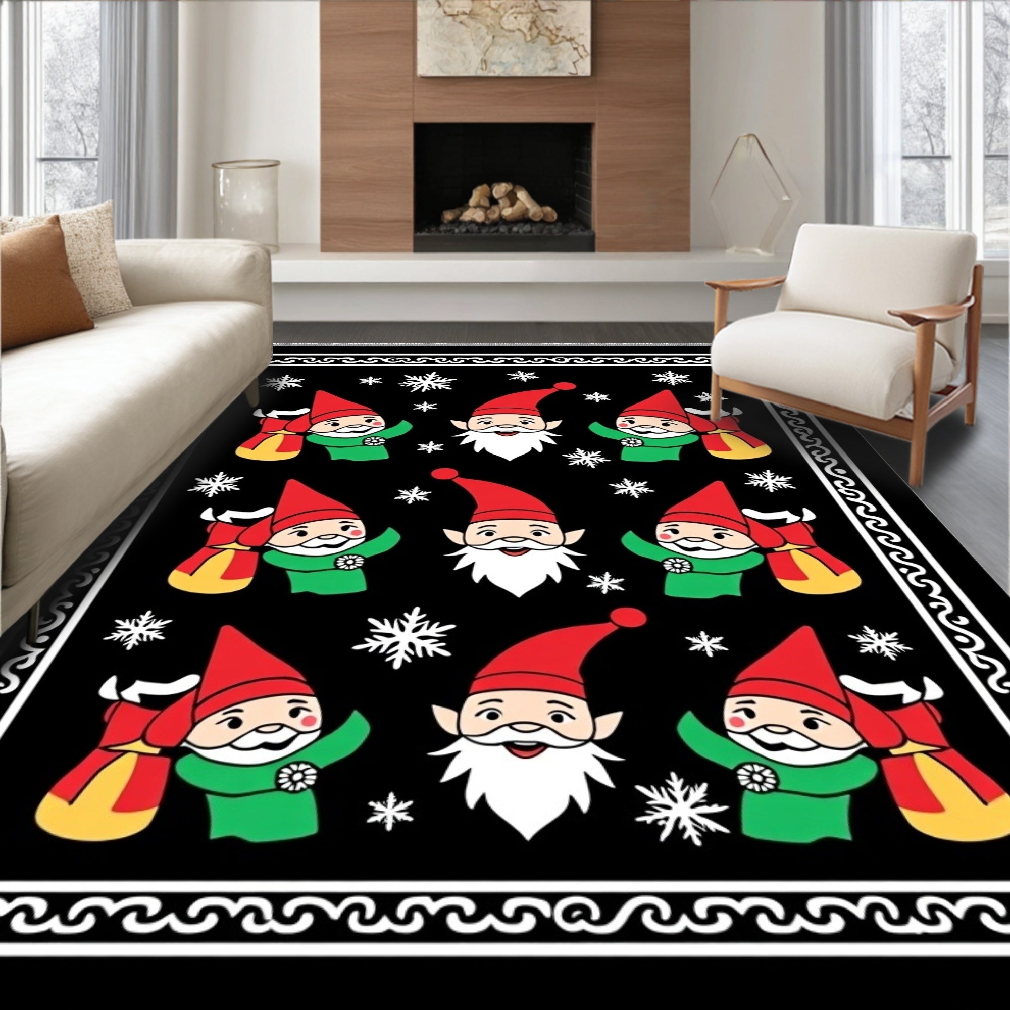 Festive Gnome Christmas Snowflakes Black Rug