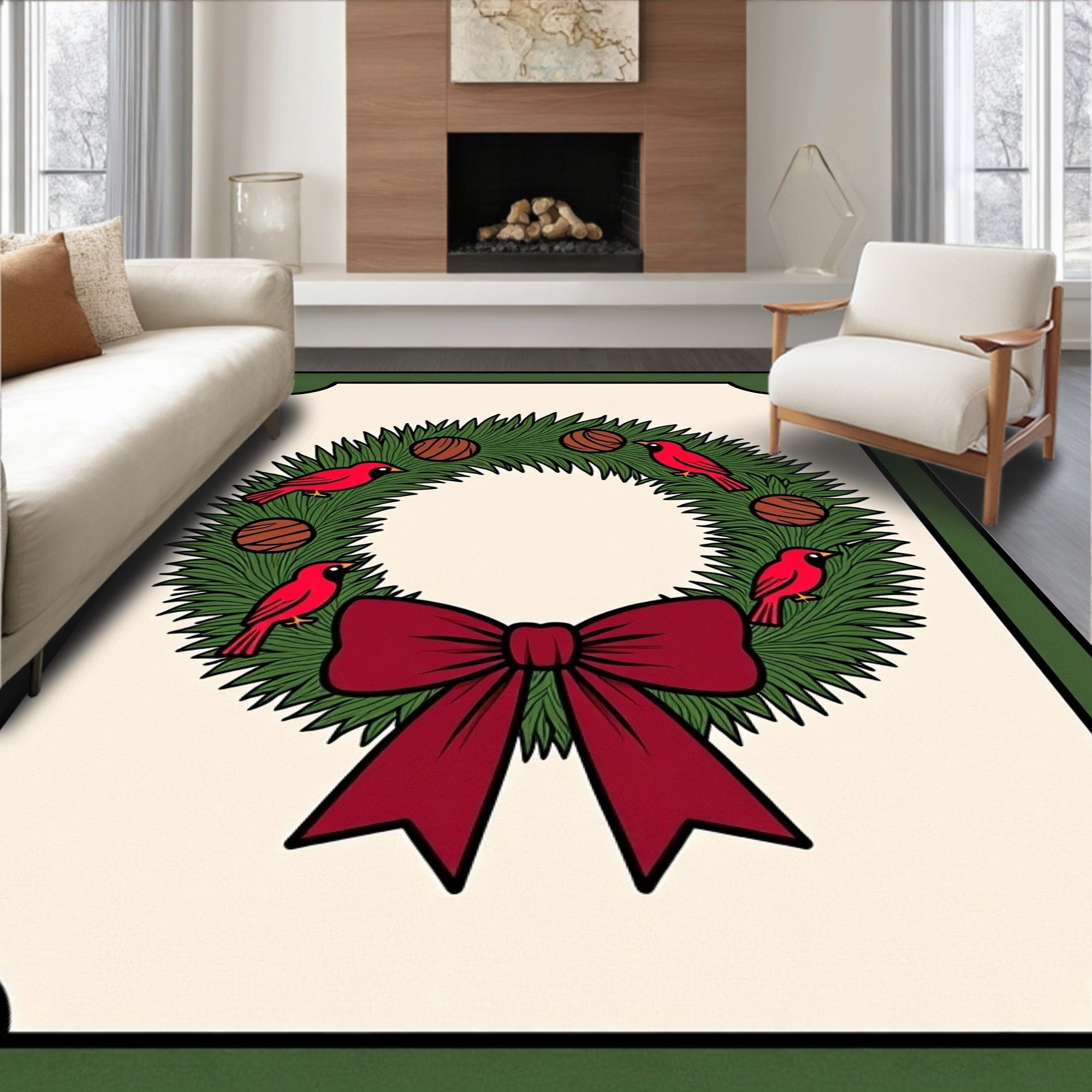 Festive Cardinal Wreath with Bow Rug