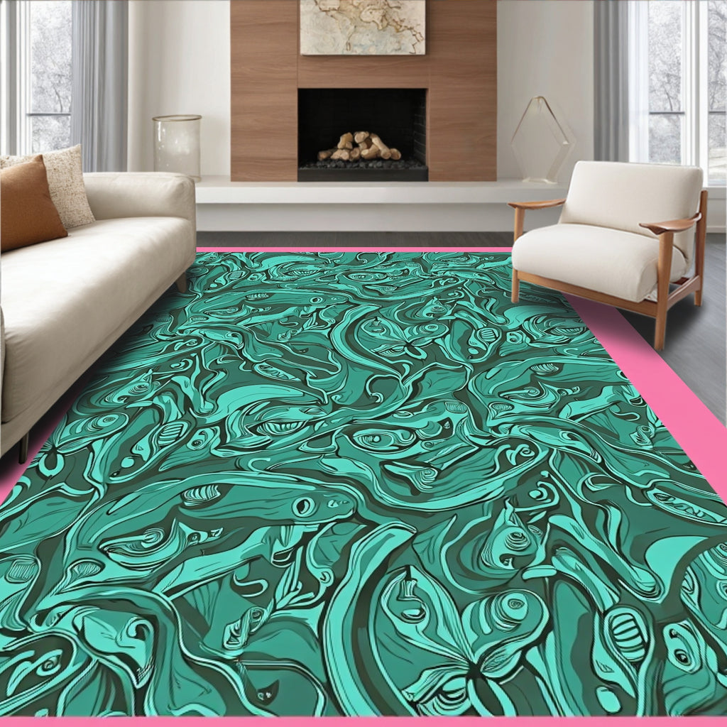 Teal Swirling Abstract Organic Forms Rug