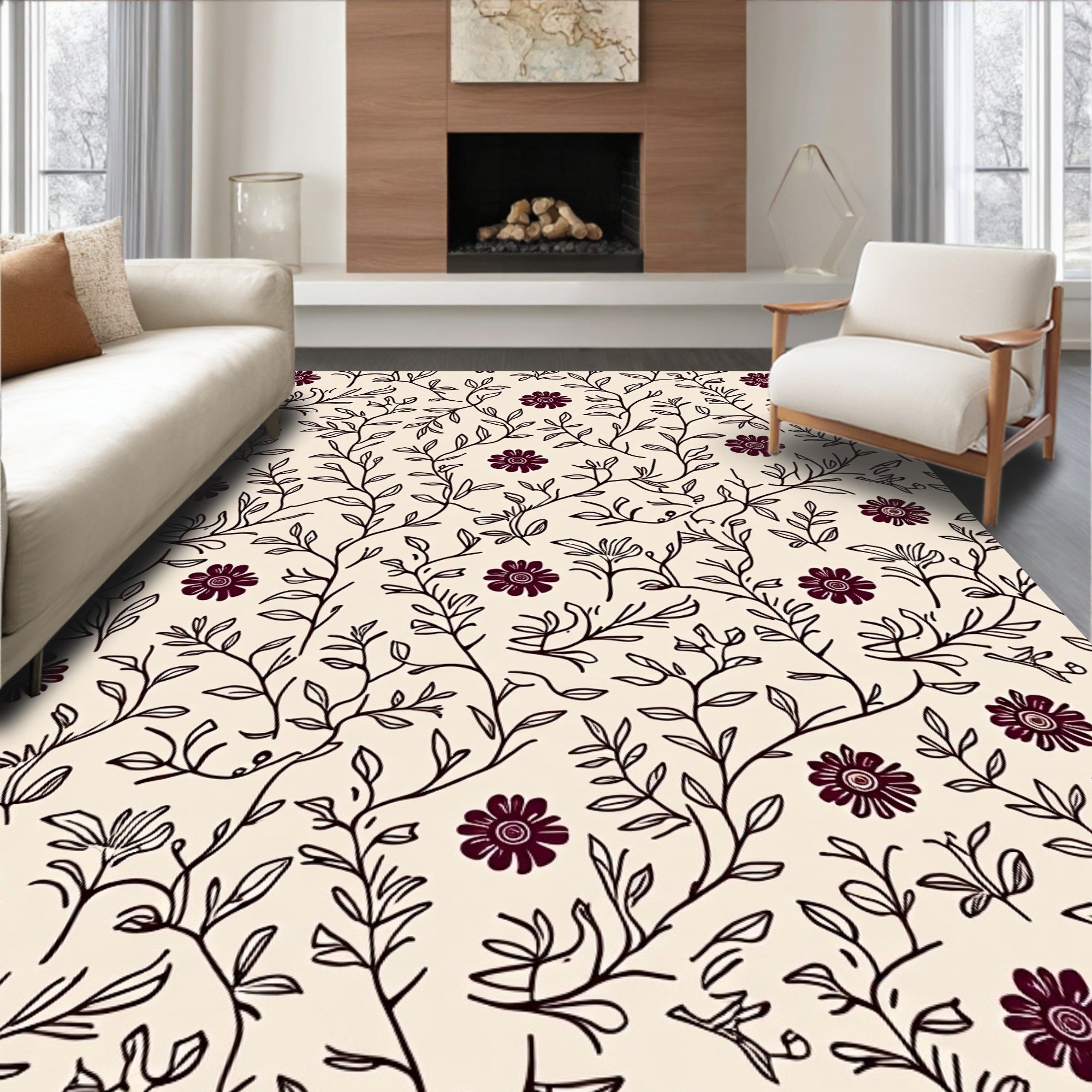 Burgundy Floral Botanical Vine Rug