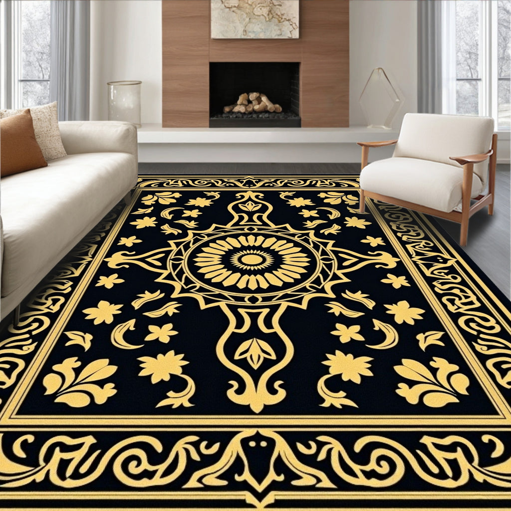 Golden Black Floral Medallion Border Rug