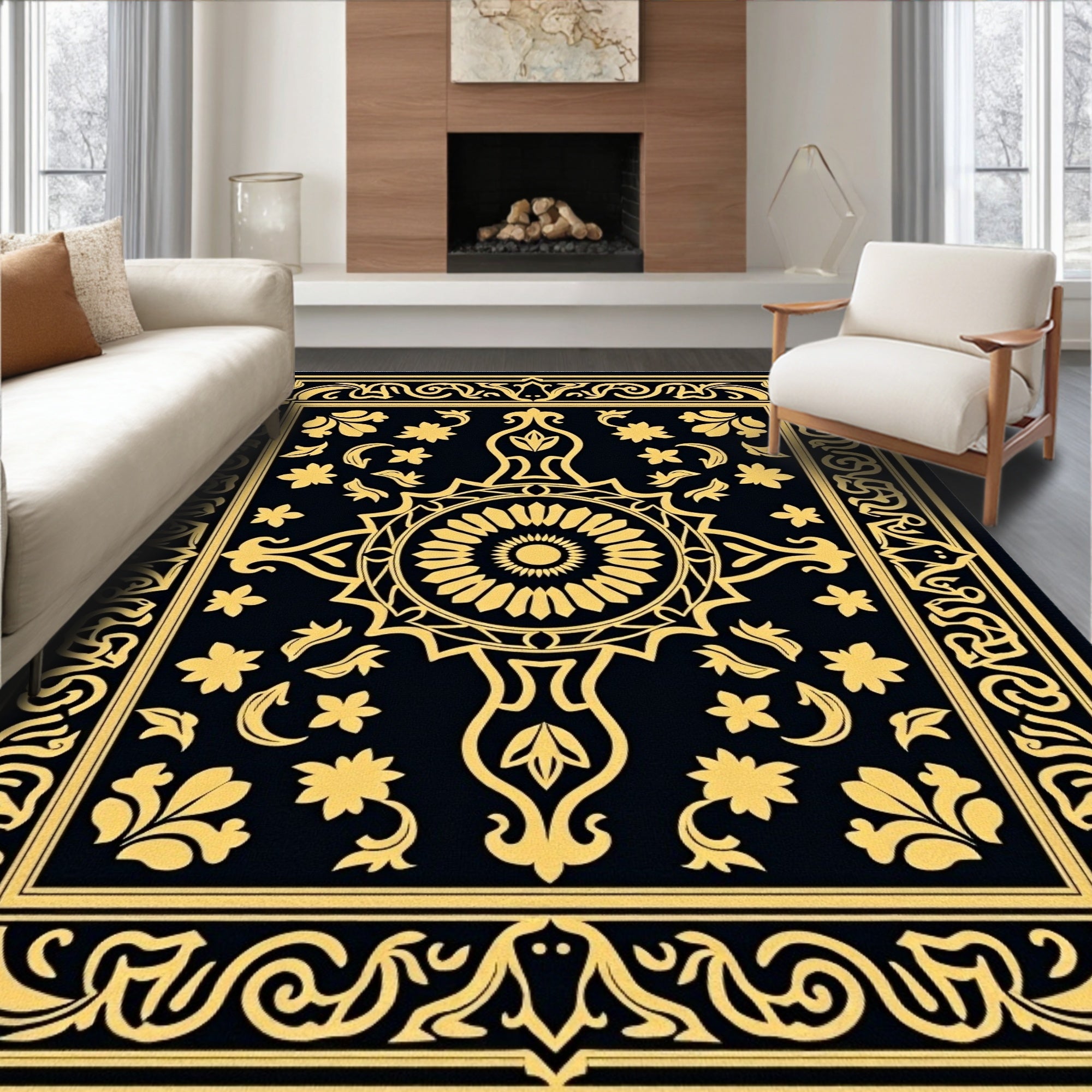 Golden Black Floral Medallion Border Rug