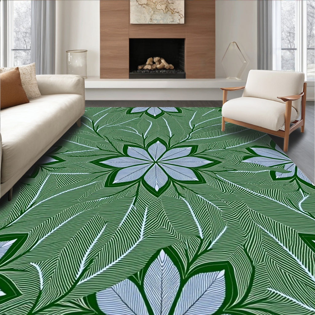Forest Green White Leaf Mandala Rug