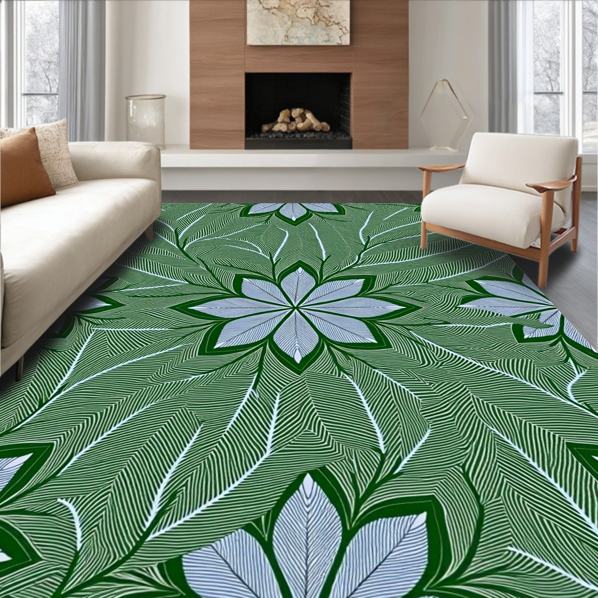 Forest Green White Leaf Mandala Rug
