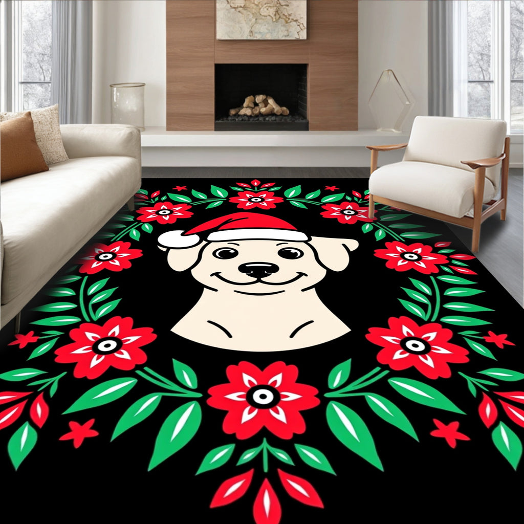 Festive Cream Dog Floral Wreath Christmas Rug