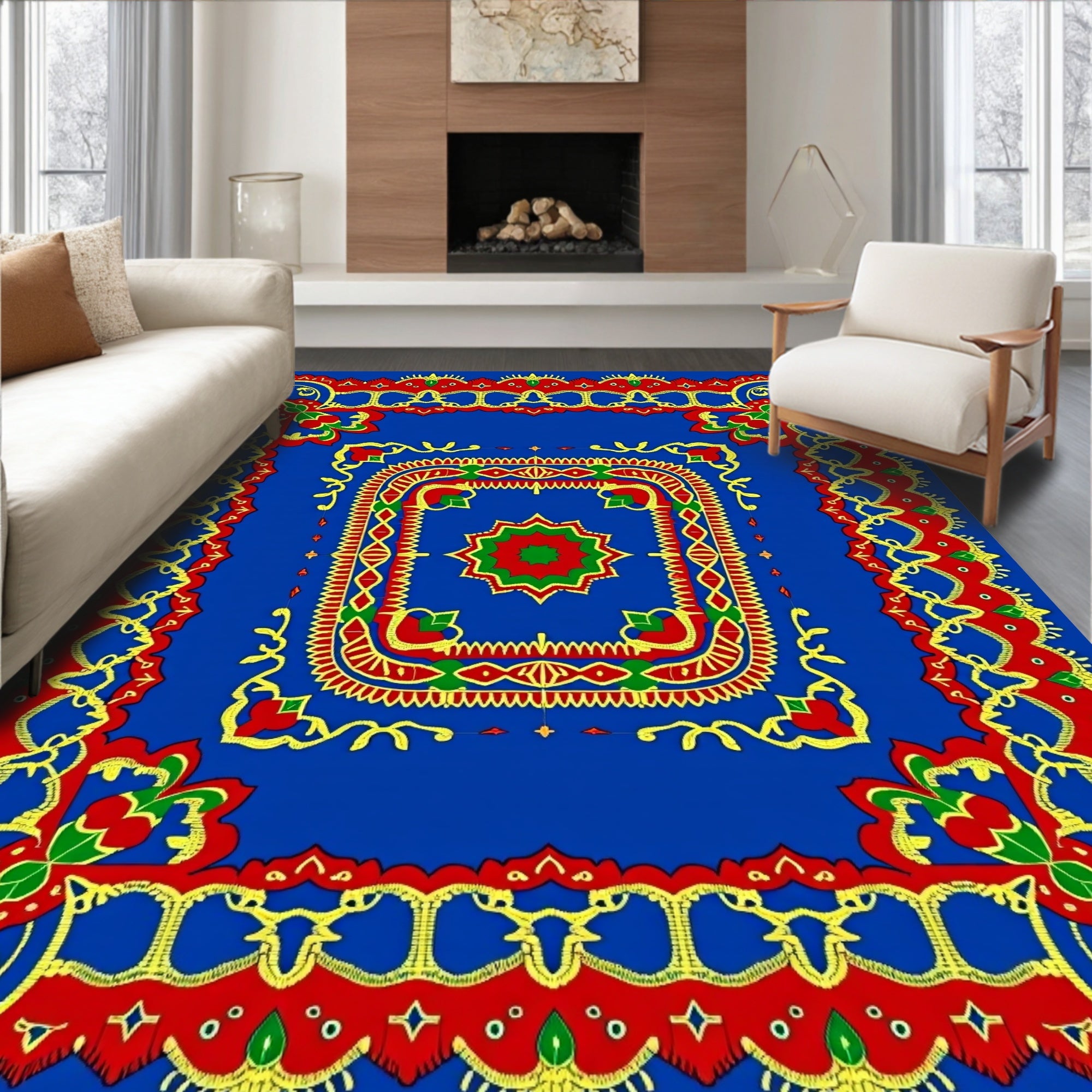 Royal Blue Red Yellow Floral Medallion Rug