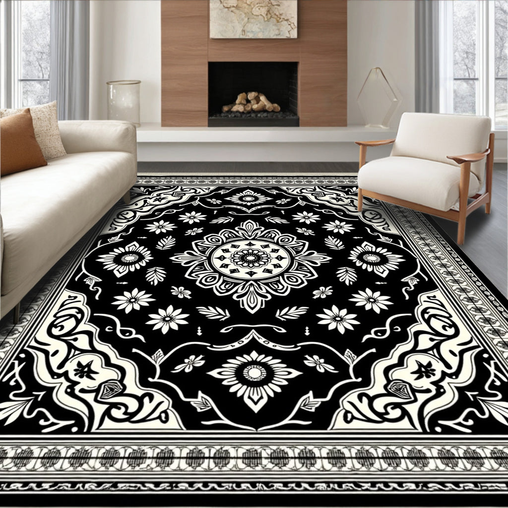 Black Cream Ornate Floral Border Rug
