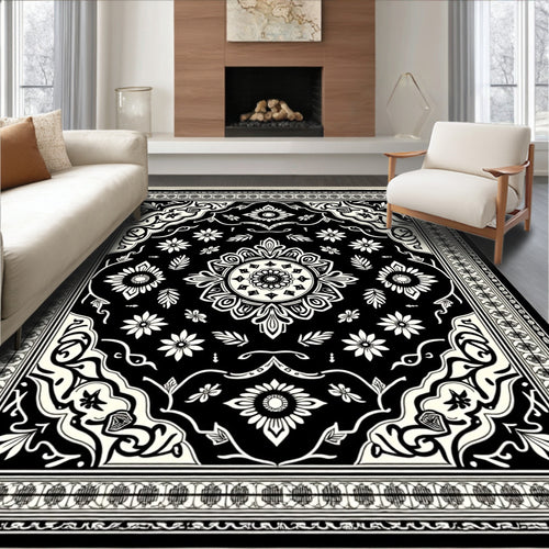Black Cream Ornate Floral Border Rug