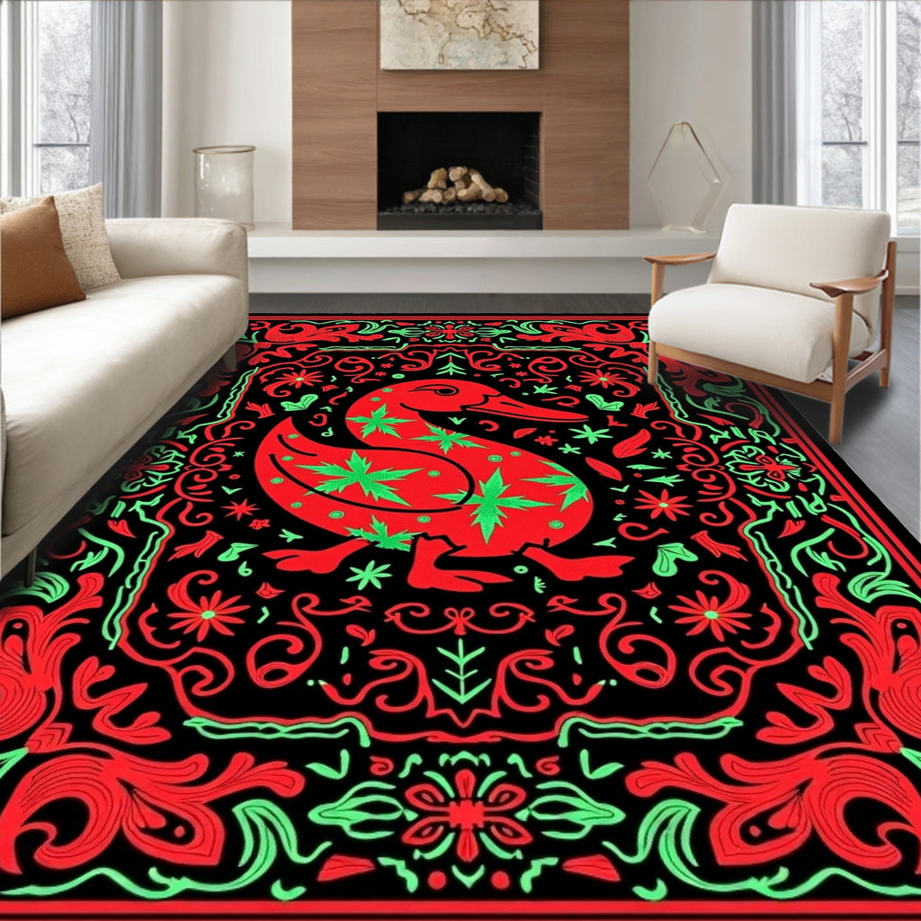 Vibrant Red Duck Floral Border Rug