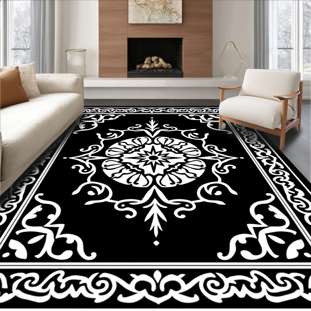 Ornate Black White Scrollwork Centerpiece Rug