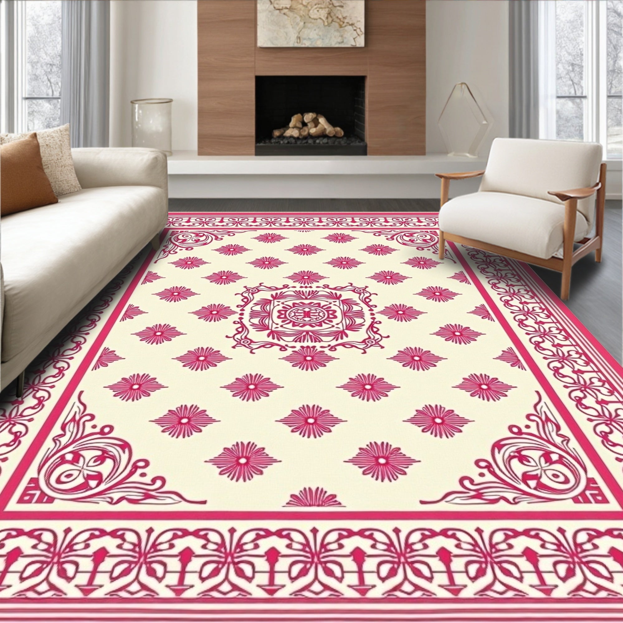 Crimson Floral Medallion Damask Rug
