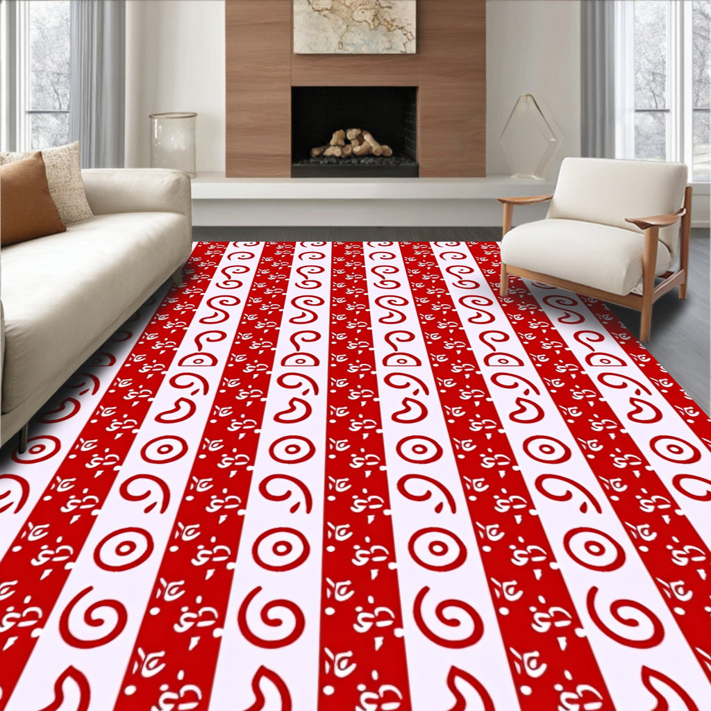 Red White Vertical Stripe Swirl Rug