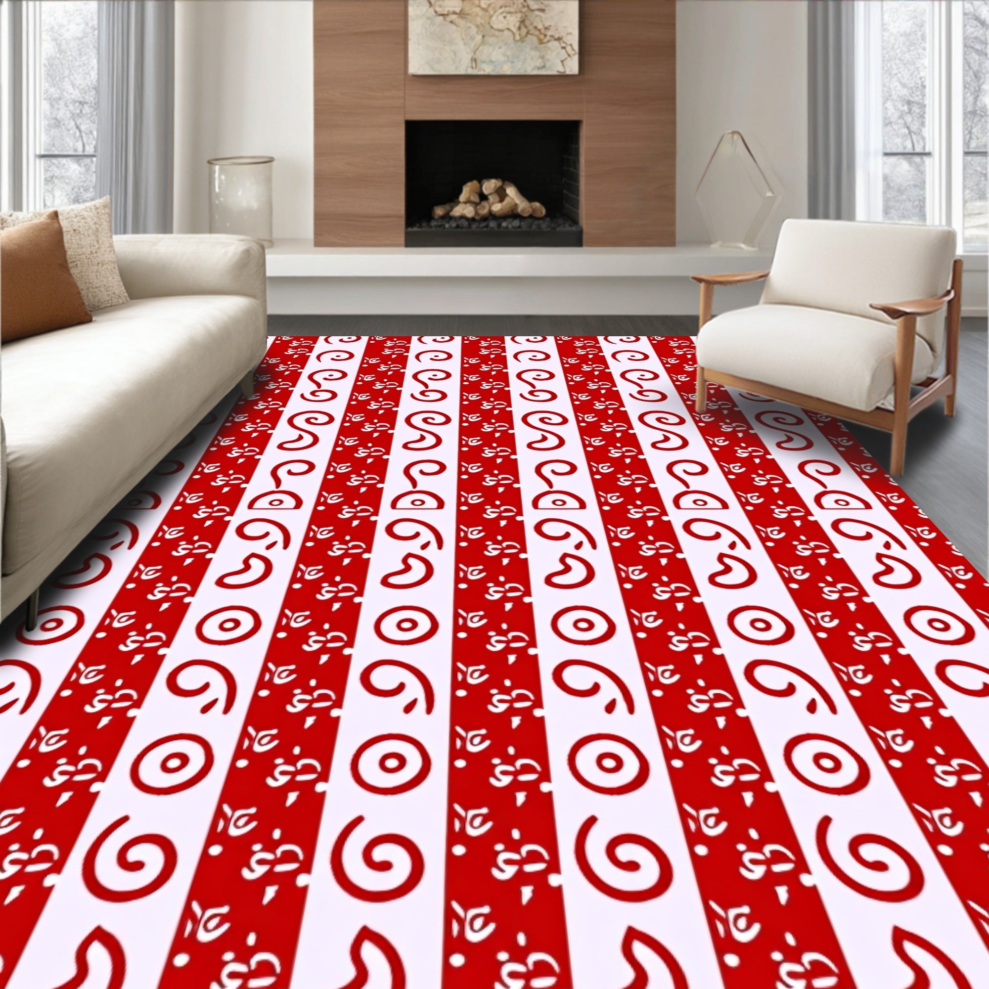 Red White Vertical Stripe Swirl Rug